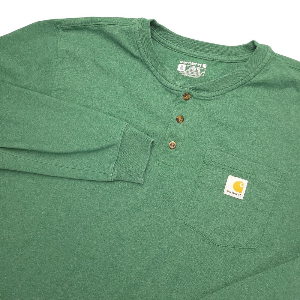 Carhartt Shirt Mens XLT Green Long Sleeve Henley Pocket Loose Fit Work‎ Tee